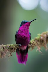 Fototapeta premium A pink hummingbird is perched on a branch. The bird is small and has a long beak