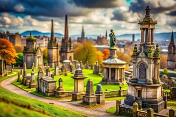 Fototapeta premium Scotland's Glasgow Necropolis: Tilt-shift magic shrinks the cemetery's grand memorials to charming miniature scale.
