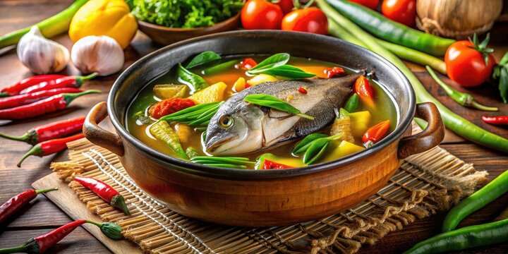 Savory Filipino Sinigang:  Bangus, hipon, and pechay simmer in a vibrant tamarind soup.