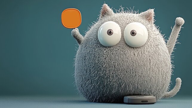 Cartoon cat riding roomba in living room fun animation cozy home environment whimsical perspective