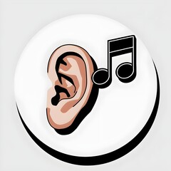 Conceptual illustration of hearing music. Ear and musical beam note isolated on light gray background.