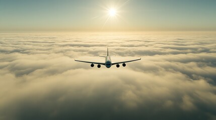 Airplane flying above clouds at sunset.