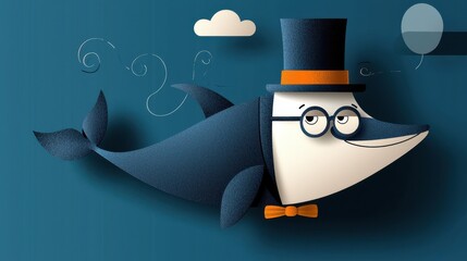 Dapper dolphin event underwater scene cartoon illustration playful environment humorous viewpoint top hat and bowtie concept