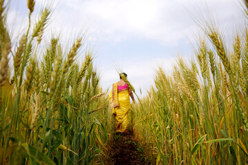 Beautiful young Indian woman wear in saree at the wheat field