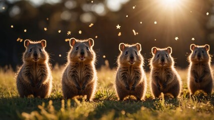 Obraz premium Five adorable animals standing in a sunlit field with a magical atmosphere.
