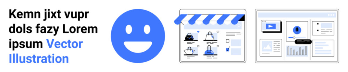 Smiling blue icon, storefront with product images, and detailed website interface with charts and gears. Ideal for e-commerce, UIUX design, online business, marketing, customer engagement, website