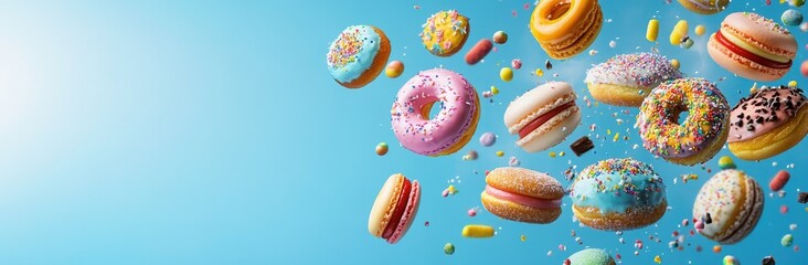 Colorful Floating Donuts with Sprinkles and Candy on Bright Blue Background for Sweet Treats and Desserts Theme and Celebration Events Imagery