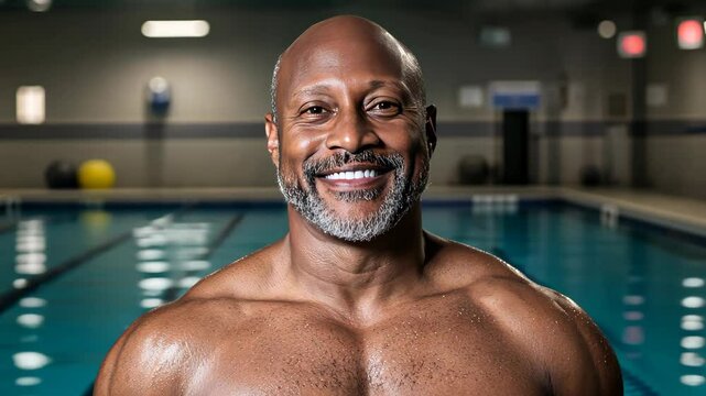 A confident man showcases his impressive physique as he smiles by the pool at a fitness center. The atmosphere is vibrant, highlighting health and wellness during an energizing workout session