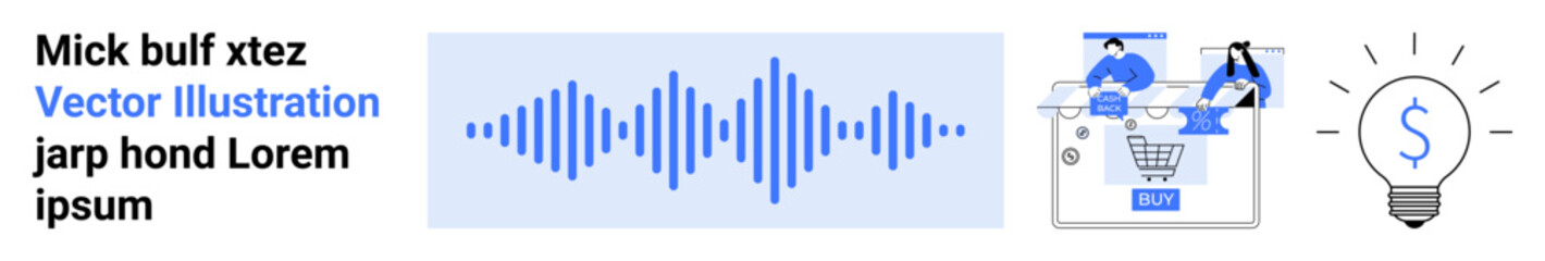 Obraz premium Graphical elements include a sound wave, online shopping with a Buy button, and a dollar sign inside a light bulb. Ideal for e-commerce, digital marketing, business concepts, financial planning