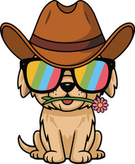 Golden Retriever Puppy Wearing Cowboy Hat and Sunglasses vector | A cute golden retriever dog vector | golden retriever Cowboy Hat and Sunglasses vector.