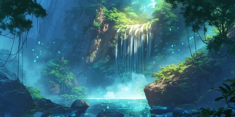 Obraz premium Enchanted Waterfall in a Lush Jungle Paradise . Anime style