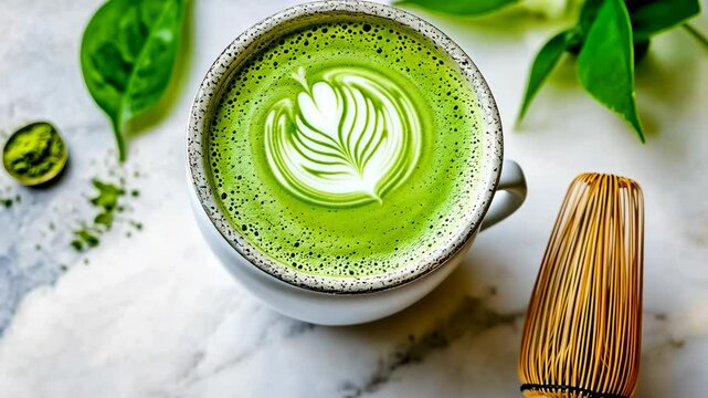 Matcha tea artistic foam design table.Ceramic cup holds vibrant green.Scene set bright,airy kitchen.Morning light enhances fresh,clean vibe.Perfect setup healthy start.Minimalist decor emphasizes