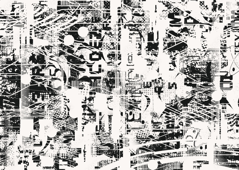 Poster Background with glitch distorted grunge textures . grunge background texture with halftone dots, glitched shapes, textures and lines .Screen print vector background with grunge textured surface.