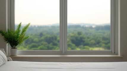 Fototapeta premium Hospital bed by window overlooking blurred trees calm room natural light peaceful environment