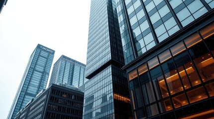 Precise architectural color photography of Toronto's Financial District skyscrapers during a soft rain. The image will highlight reflective surfaces, sharp lines 