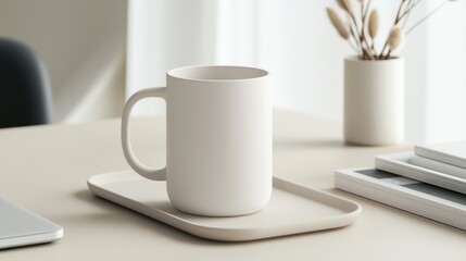 A white coffee cup sits on a tray on a desk
