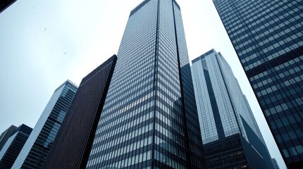 Obraz premium Precise architectural color photography of Toronto's Financial District skyscrapers during a soft rain. The image will highlight reflective surfaces, sharp lines 