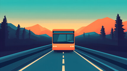 Bus journey through scenic mountains at sunrise a digital art experience
