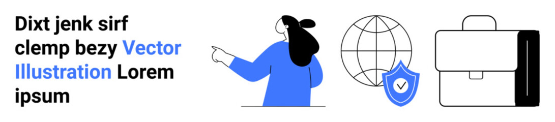 Businesswoman pointing at a globe with a shield icon and briefcase symbolizing global connections, security, business. Ideal for business, networking, security, global operations, cybersecurity