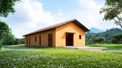 Modern Yellow House Surrounded by Lush Green Landscape with Mountains