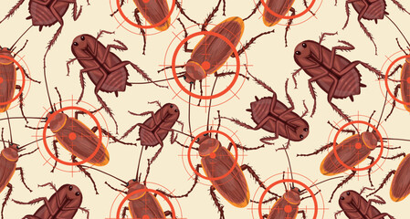 Seamless pattern of live and dead red cockroach. Realistic cockroach pattern on beige background. Vector.