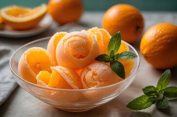 Chilled Orange Dessert Background: A refreshing bowl of orange sorbet with orange peel and mint...