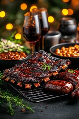 Delicious barbecue spread with ribs, sausages, beans, and wine in a festive setting