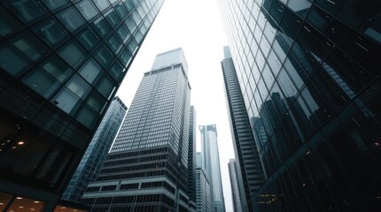 Precise architectural color photography of Toronto's Financial District skyscrapers during a soft rain. The image will highlight reflective surfaces, sharp lines 