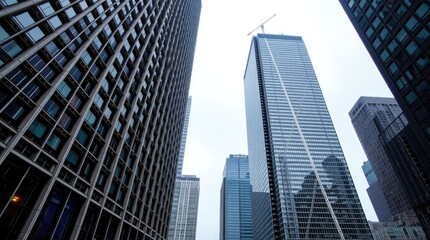 Obraz premium Precise architectural color photography of Toronto's Financial District skyscrapers during a soft rain. The image will highlight reflective surfaces, sharp lines 