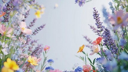 Front view of a modern spring frame background, colorful wildflowers. Lavender and buttercups greenery. Floral border, spring wedding celebration vibes. Copy space. Generative AI