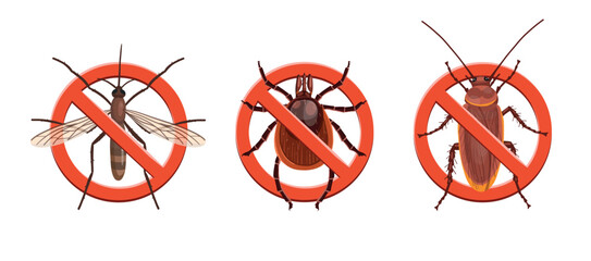 Stop insects sign. Mosquito, tick, cockroach in red forbidding circle, vector