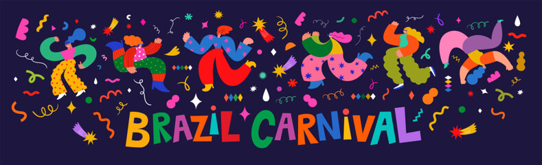Banner with funny dancing people. Design for Brazil Carnival. Decorative abstract illustration with colorful doodles. Music festival illustration	

