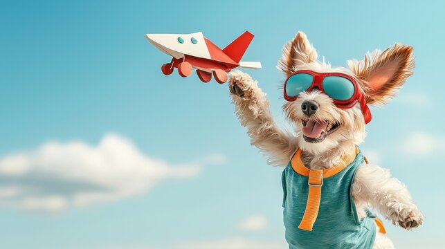 Heroic dog soars through the clouds in superhero costume | sky adventure | animal photography outdoor | whimsical viewpoint