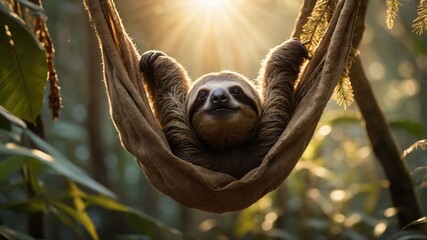 Obraz premium A sloth relaxing in a hammock surrounded by lush greenery and sunlight.