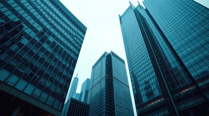 Fototapeta premium Precise architectural color photography of Toronto's Financial District skyscrapers during a soft rain. The image will highlight reflective surfaces, sharp lines 