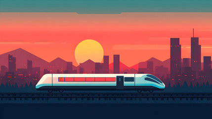 High-speed train traveling at sunset in urban landscape digital art futuristic view