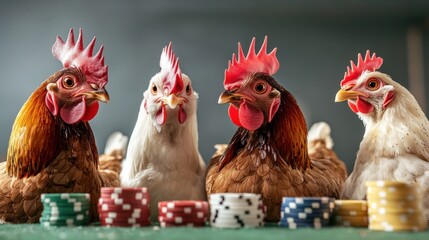 Fototapeta premium Chickens playing poker at a table indoor setting humorous scene fun environment close-up view farmyard concept