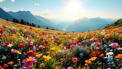 Fototapeta premium A vibrant field of wildflowers blooming beneath a bright sun, symbolizing nature's beauty, suitable for travel magazines or nature documentaries.