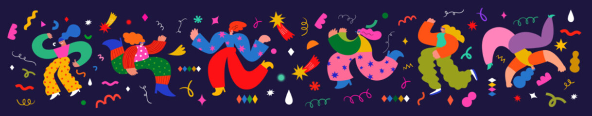 Carnival party banner with funny dancing characters. Design for Brazil Carnival. Decorative abstract illustration with colorful doodles. Music festival illustration	
