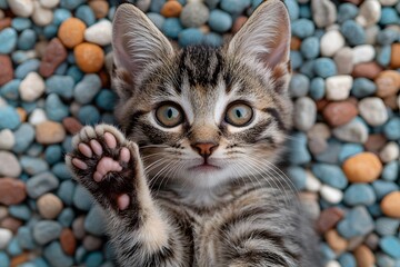 Adorable Kitten Waving Paw on Colorful Pebbles - Playful Pet Photography
