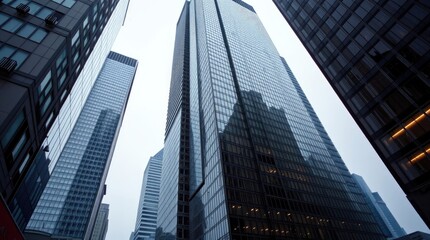 Fototapeta premium Precise architectural color photography of Toronto's Financial District skyscrapers during a soft rain. The image will highlight reflective surfaces, sharp lines 