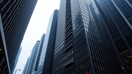 Obraz premium Precise architectural color photography of Toronto's Financial District skyscrapers during a soft rain. The image will highlight reflective surfaces, sharp lines 