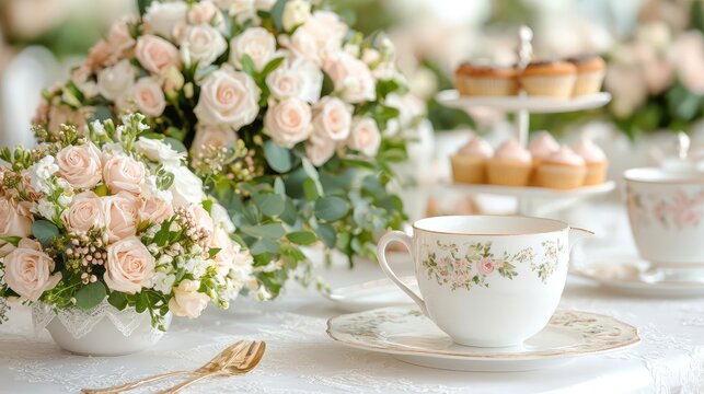 Elegant tea party with floral centerpiece, pastries, and teacups.  Perfect for event promotion
