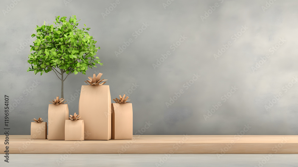 Aufkleber a minimalist display featuring a small tree and potted plants in brown paper bags against a simple g