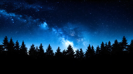 Naklejka premium A serene night sky filled with stars, illuminated by the Milky Way, set against a silhouette of evergreen trees