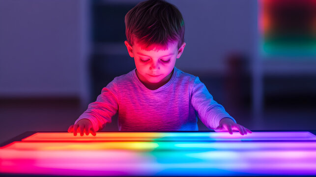 Child interacts with colorful light table home photography indoor close-up imagination