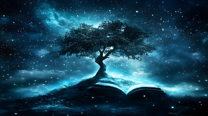 Fototapeta premium A mystical tree stands on an open book under a starry sky, blending nature and literature in an enchanting cosmic scene