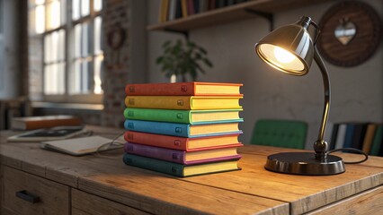 Obraz premium Rainbow Book Stack: Vibrant Colors, Wooden Background. Perfect for education, reading, and back to 