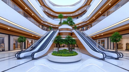 Fototapeta premium Modern shopping mall interior with escalators and greenery design
