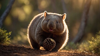 Fototapeta premium A cute wombat holds a pine cone in a sunlit forest setting.